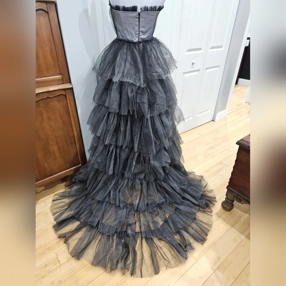 Dolls Kill Unholy Dramatic Flair Tiered Black Gray Tulle Maxi Dress Gown S - Picture 6 of 16
